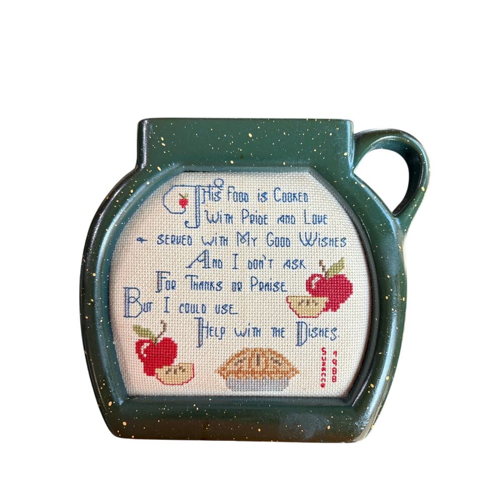 Cottage Quote Kitchen Tea Pot- Green spec kled framed- cross stitch apple pie